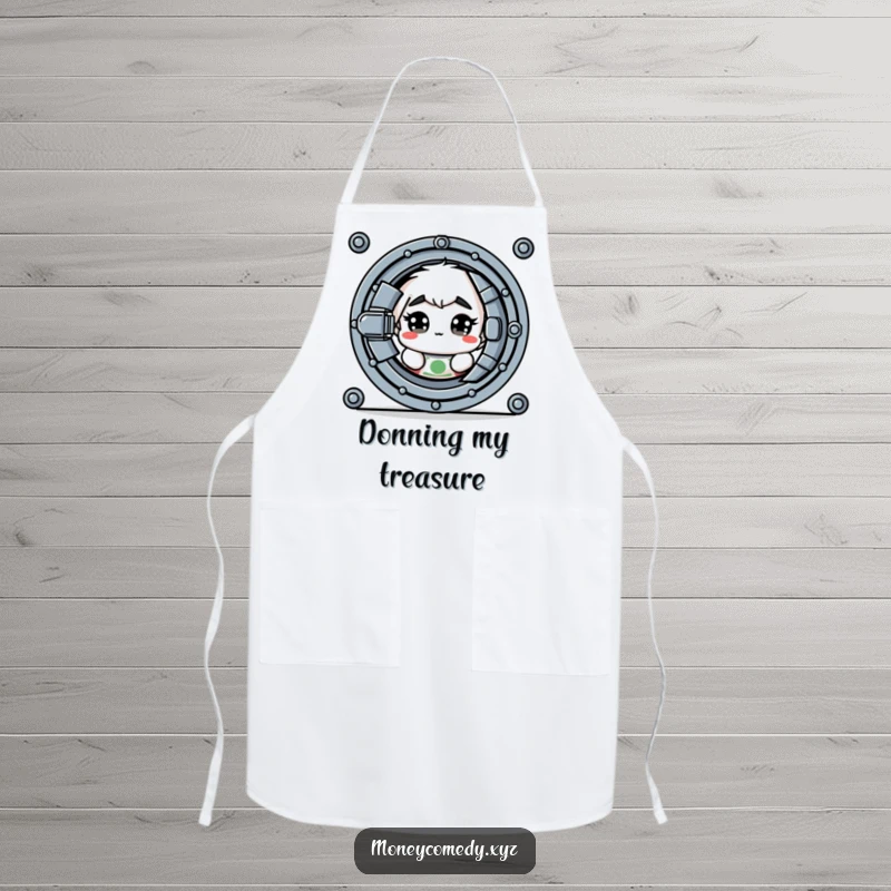 Funny apron showing a shy dollar bill with wide eyes peeking from behind a vault door.