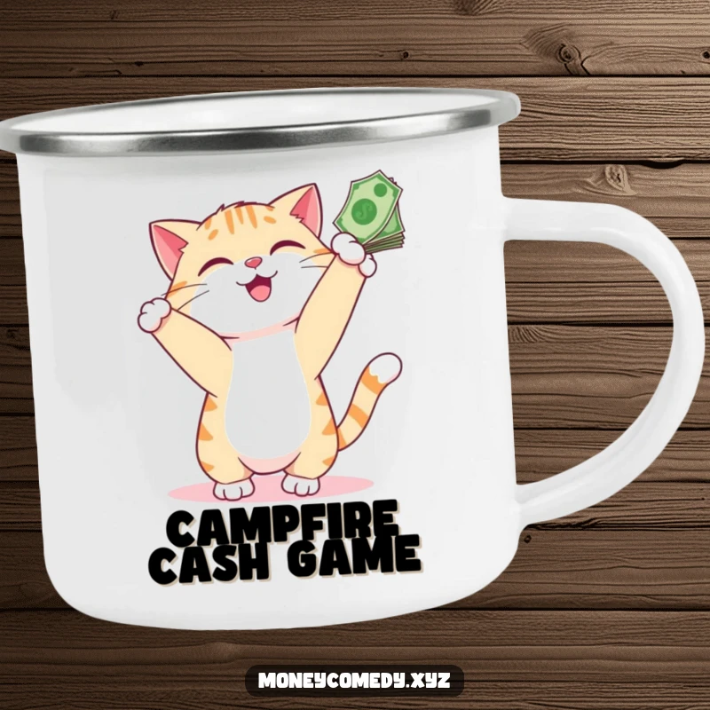 Funny Cat Money Camping Mug showing a playful cat smiling as it bats at dangling bills, perfect for outdoor fun.