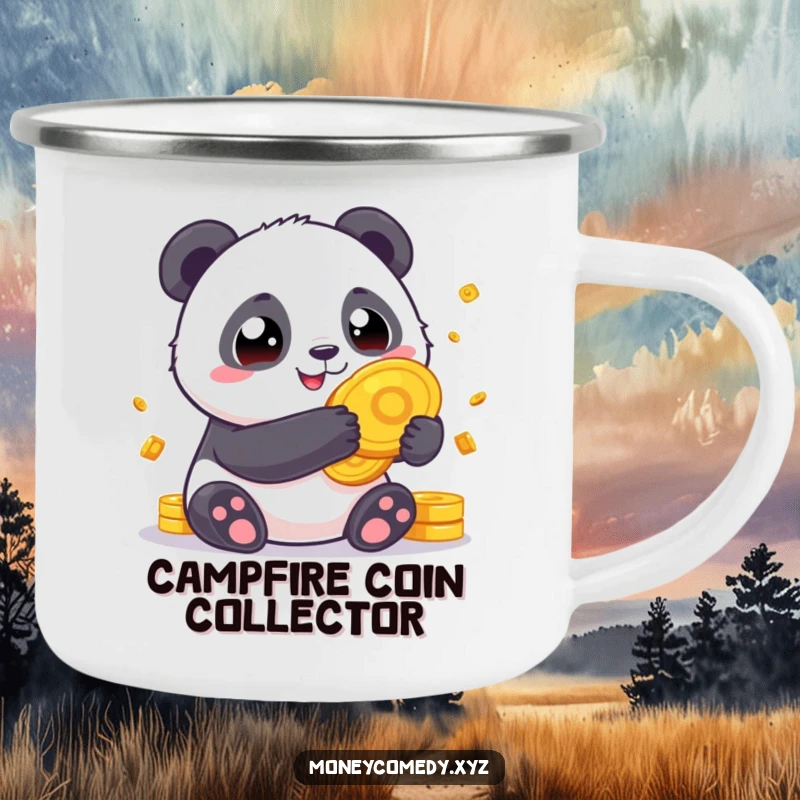 Funny Panda Fortune Camping Mug showing a chubby panda holding giant gold coins, perfect for outdoor enjoyment and luck.