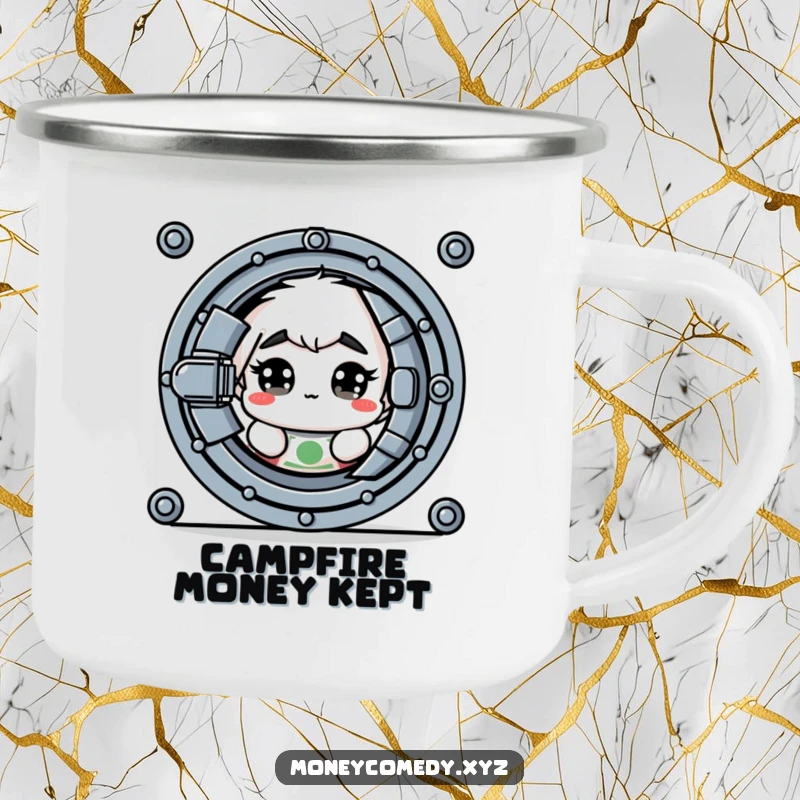 Funny camping mug with a shy dollar bill peeking from behind a vault door.