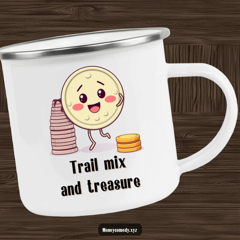 Funny camping mug with a smiling coin doing a jig, perfect for outdoor enthusiasts.