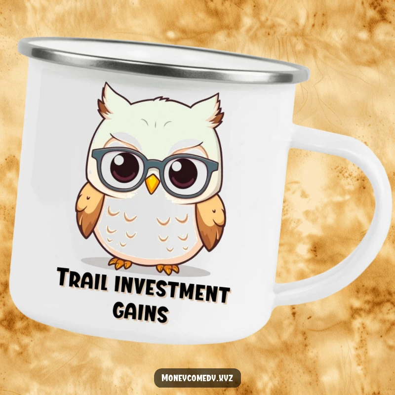 Funny Owl Investor Camping Mug showing a curious owl wearing spectacles watching a rising stock graph, perfect for outdoor wisdom.