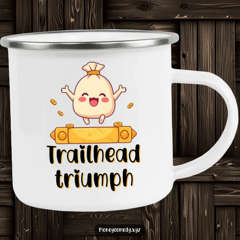 Funny camping mug with a small sack of coins leaping over a golden bar.