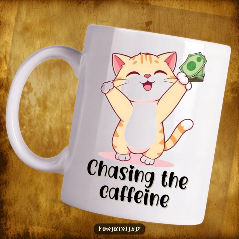 Funny Cat Money Mug with a playful cat smiling as it bats at a dangling stack of cash bills, humorous and relatable.