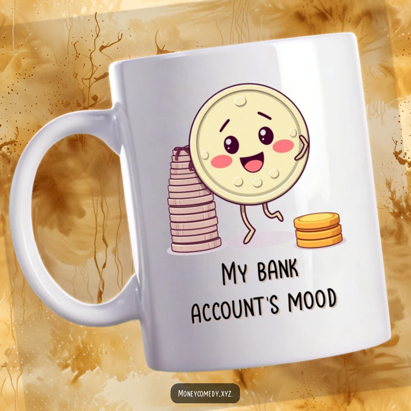 Funny mug showing a smiling coin with tiny legs joyfully dancing next to a stack of money.