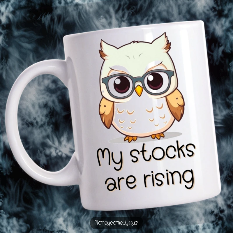 Funny Owl Investor Mug showing a curious owl wearing tiny spectacles looking at a rising stock graph, symbolizing wisdom and profit.