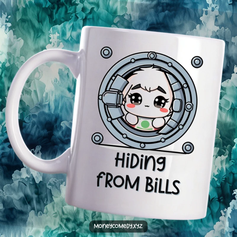 Funny mug showing a shy dollar bill with wide eyes peeking from behind a secure vault door.