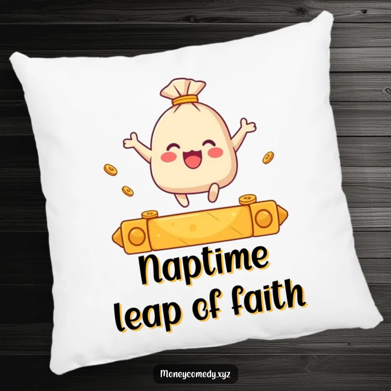 Funny pillow with a small sack of coins joyfully leaping over a golden bar.