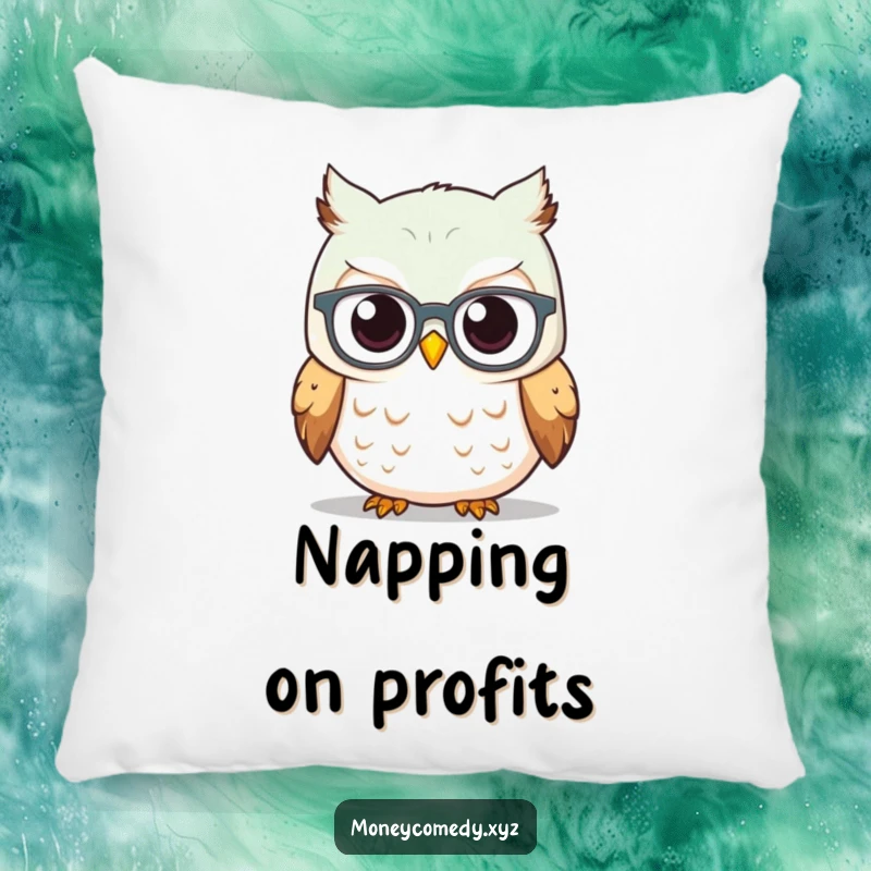 Funny Owl Investor Pillow showing a curious owl wearing spectacles watching a rising stock graph, offering comfort and humor.