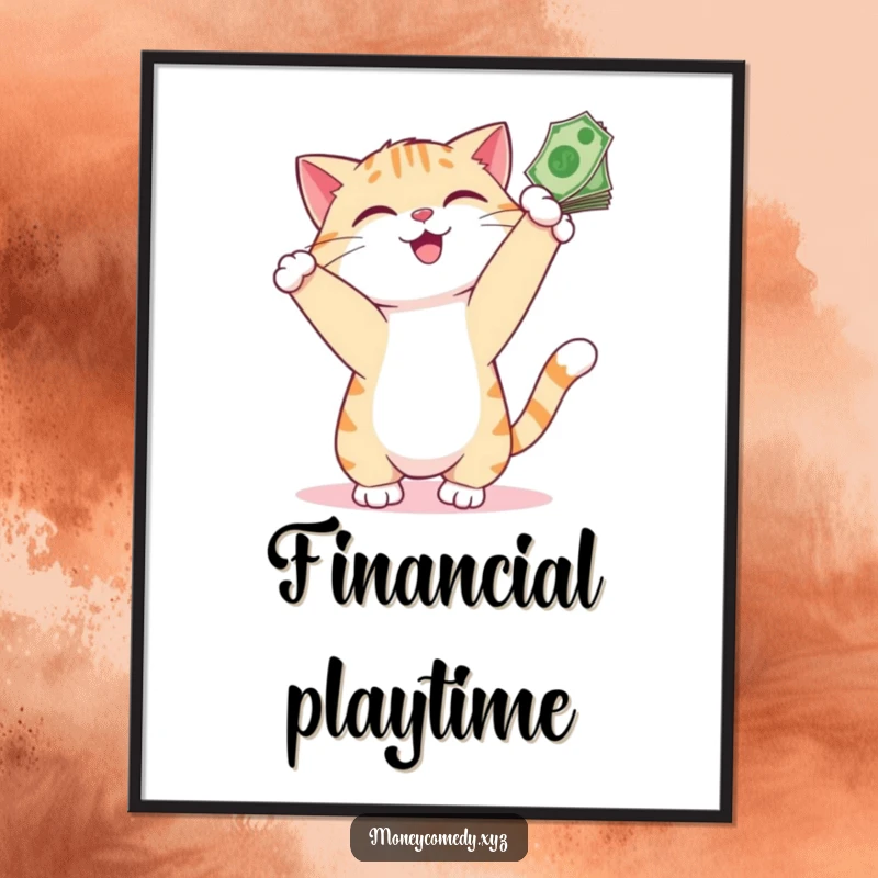 Funny Cat Money Digital Art Print of a playful cat smiling as it bats at dangling bills, perfect for humorous decor.