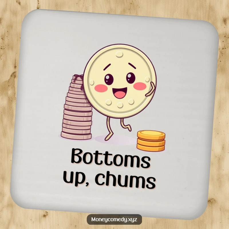 Funny drink coaster showing a smiling coin doing a little jig, protecting surfaces with humor.
