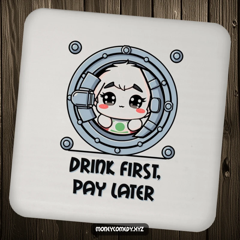 Funny drink coaster showing a shy dollar bill with wide eyes peeking from behind a vault.
