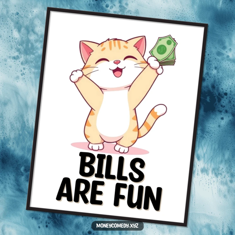 Funny Cat Money Poster depicting a playful cat smiling as it bats at dangling bills, perfect for humorous decor.