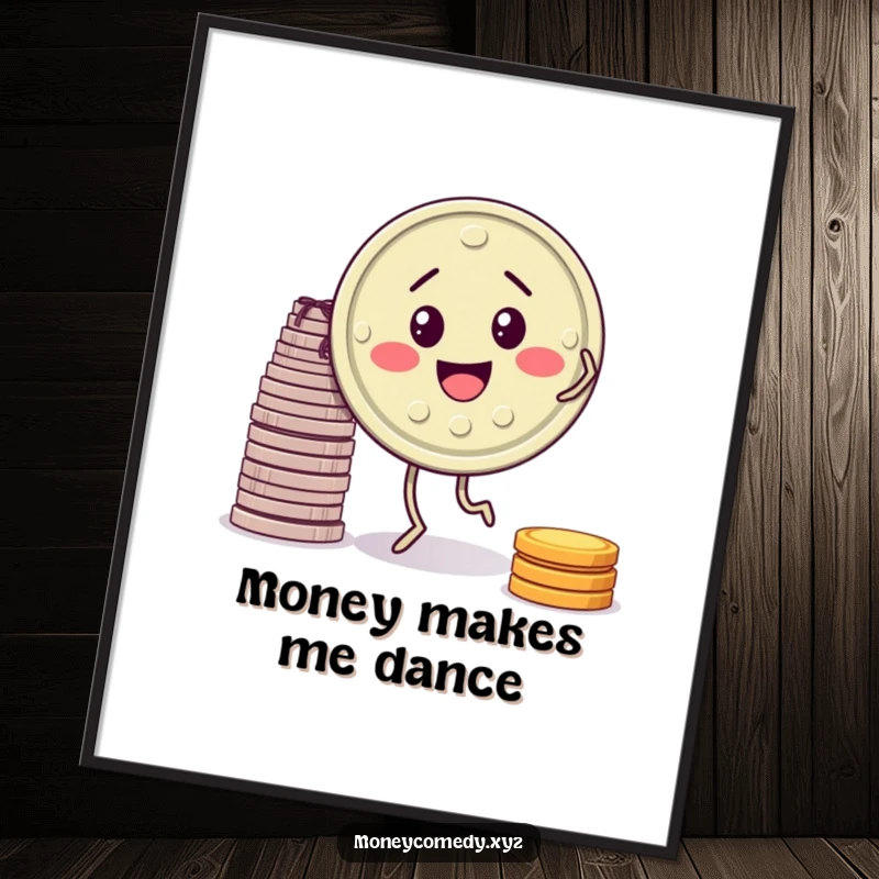 Funny poster displaying a happy coin with tiny legs performing a jig next to a pile of money.