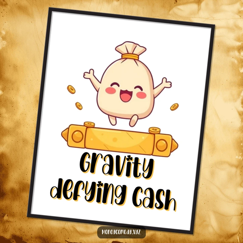 Funny poster depicting a small sack of coins happily leaping over a shiny golden bar.