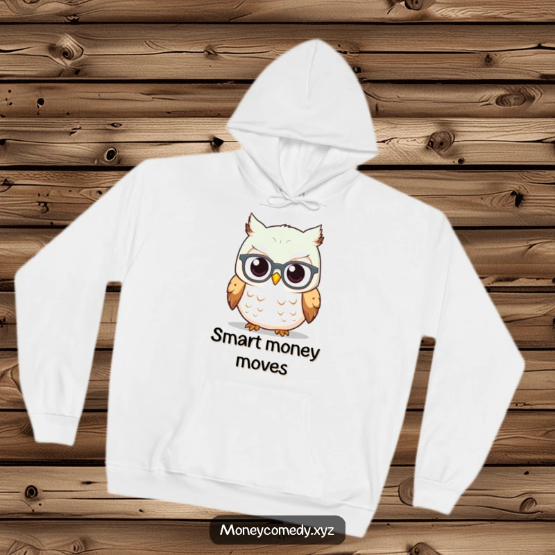 Funny Owl Investor Hoodie depicting a curious owl in spectacles observing a rising stock graph, offering warmth and financial insight.