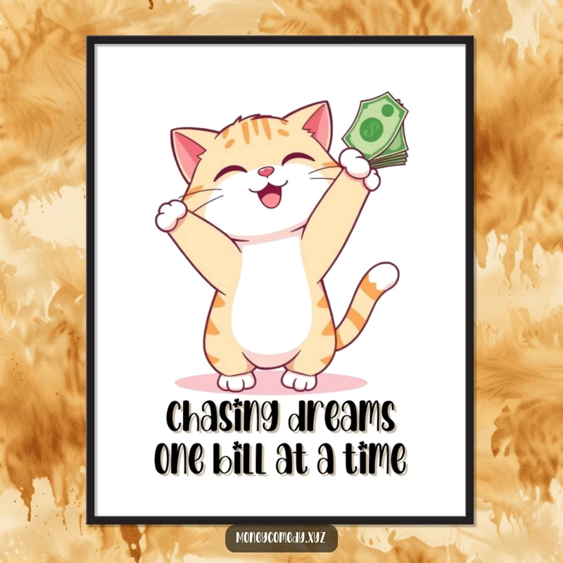 Funny Free Printable Wall Art: A playful cat happily bats at a dangling stack of bills, bringing humor.