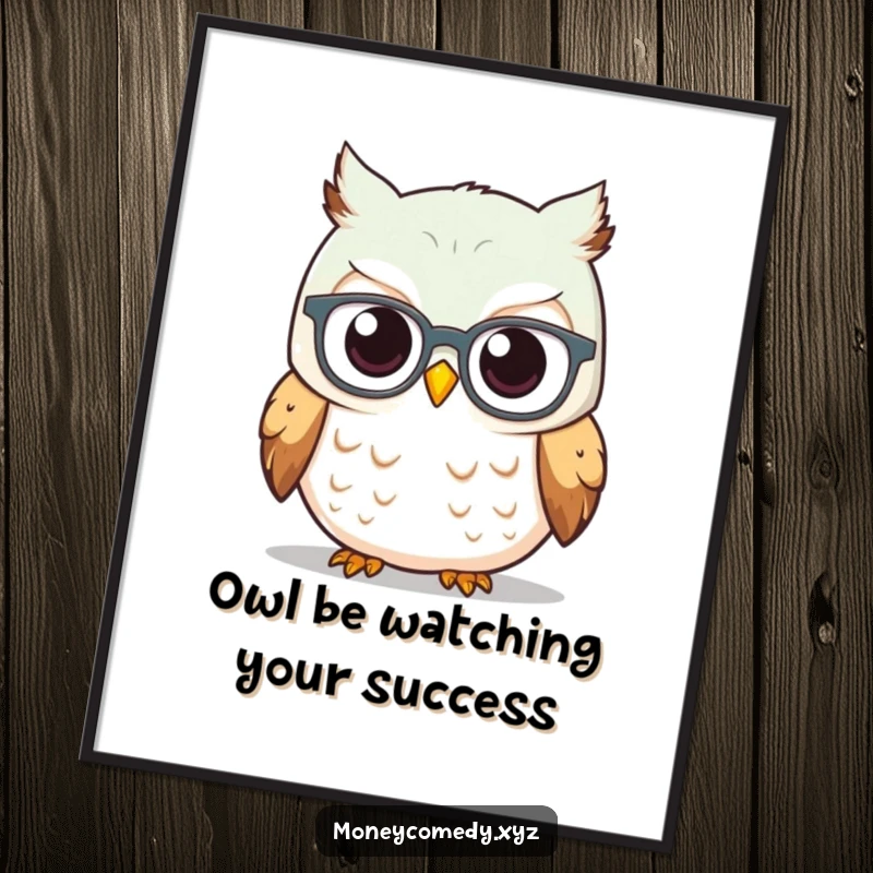 Funny Free Printable Wall Art: Curious owl wearing spectacles intently studies a rising graph, symbolizing growth.