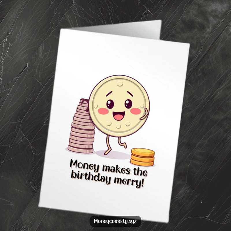 Funny Free Printable Birthday Card: A happy cartoon coin with legs dances merrily by a stack of money.