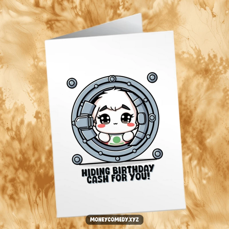 Funny Free Printable Birthday Card: A shy dollar bill with wide eyes peeks cautiously from behind a large vault door.