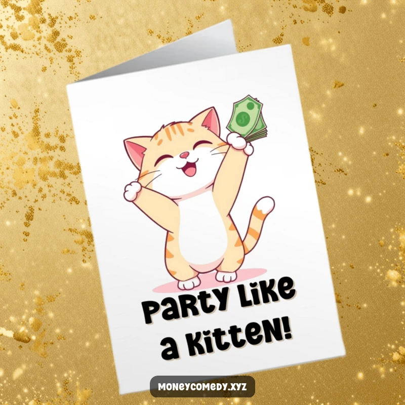 Funny Free Printable Birthday Card: Playful cat batting at bills with a smile, wishing a happy, wealthy birthday.