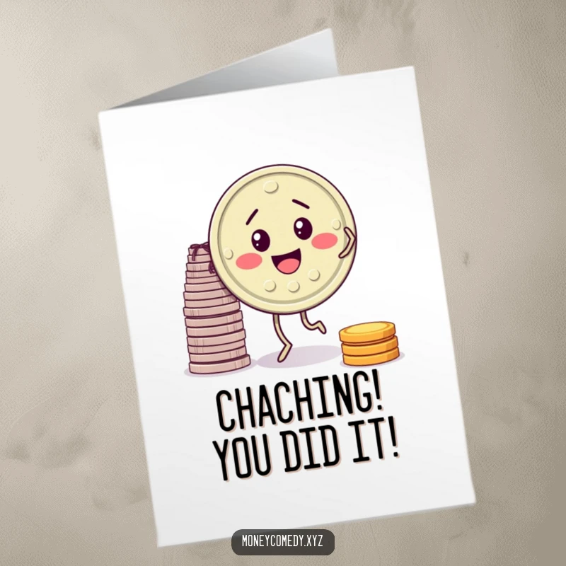 Funny Free Printable Congratulations Card: A smiling coin with legs does a happy jig near a pile of coins.