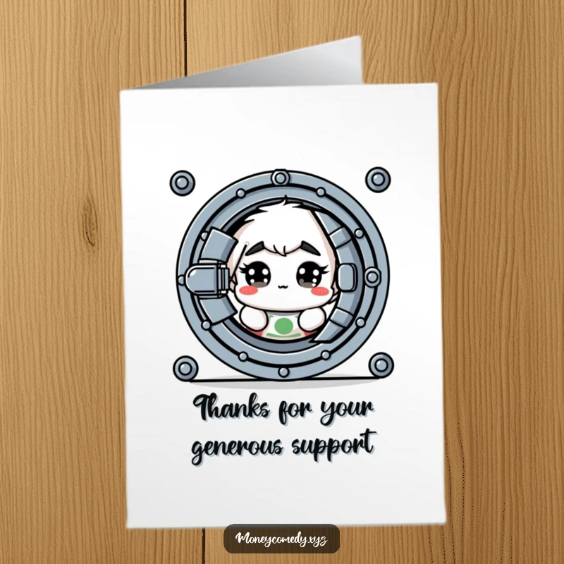 Funny Free Printable Thank You Card: A nervous dollar bill with prominent eyes peeks from behind a secure vault.