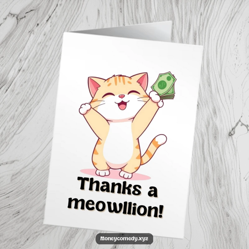 Funny Free Printable Thank You Card: Grateful cat energetically batting at bills with a smile, showing thanks.