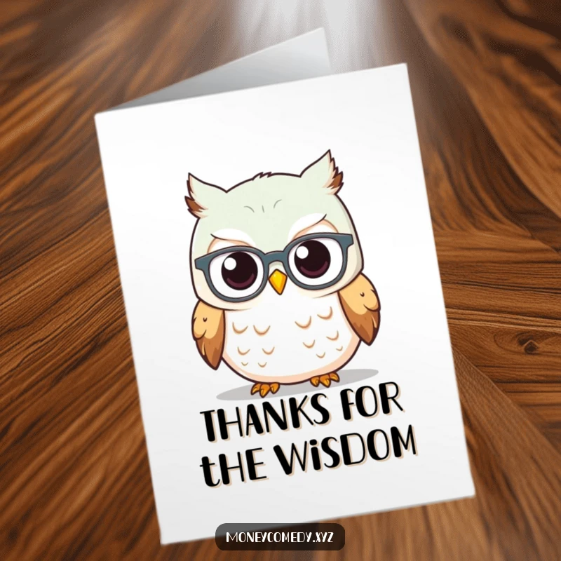 Funny Free Printable Thank You Card: Wise owl in spectacles looks at a rising graph, offering insightful thanks.