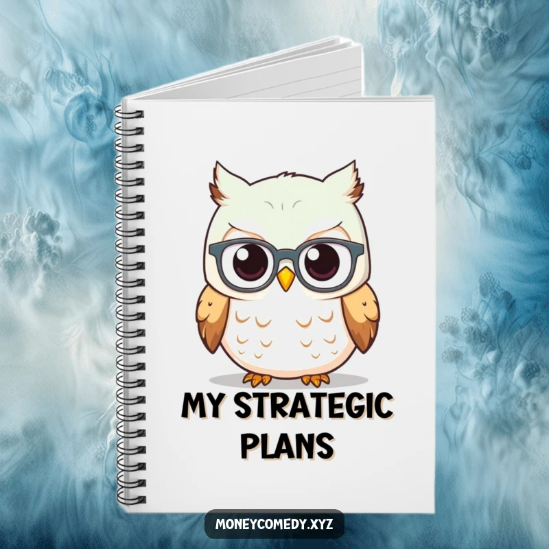 Funny Owl Investor Notebook with a curious owl in spectacles looking at a rising stock graph, ideal for jotting smart ideas.