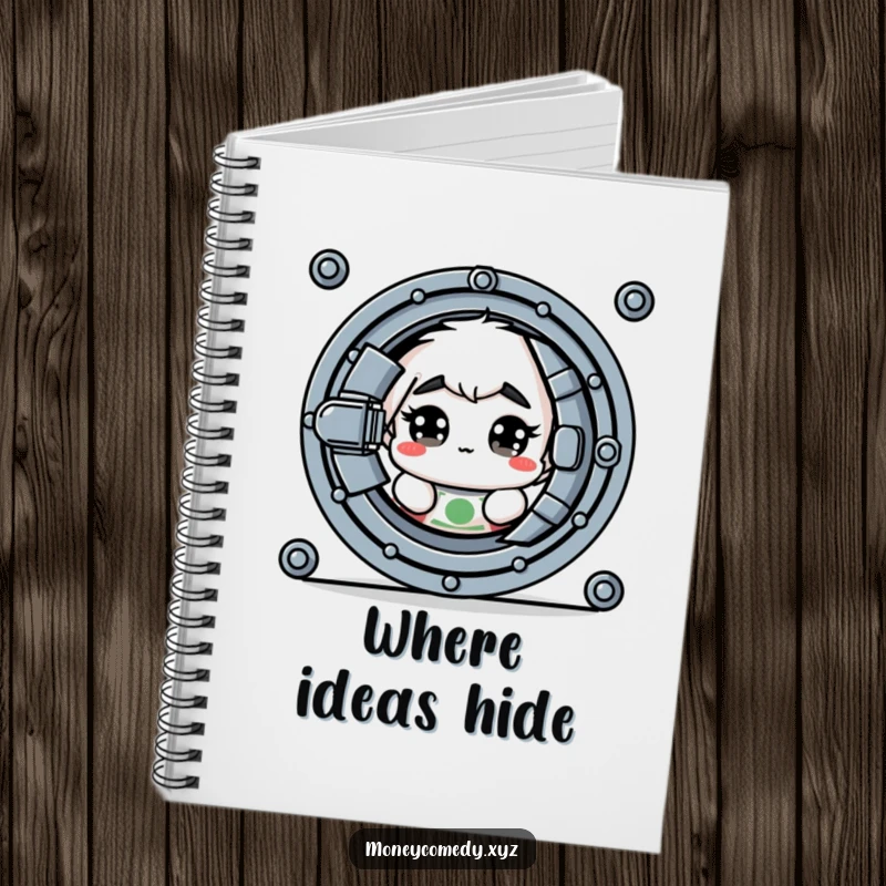 Funny notebook cover with a shy dollar bill peeking out from behind a vault door.