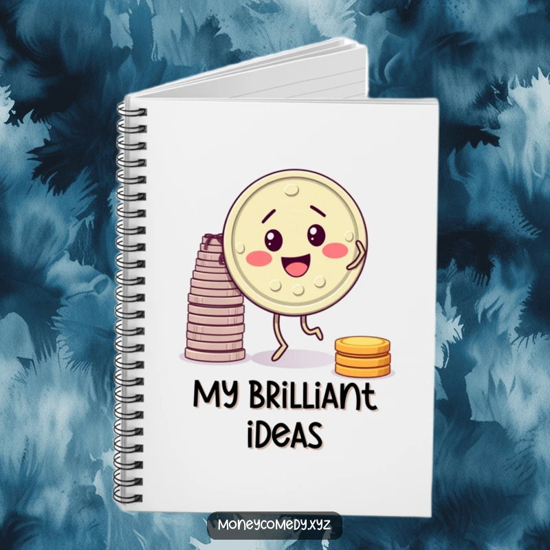 Funny notebook cover with a smiling coin doing a jig, ideal for writers and note-takers.