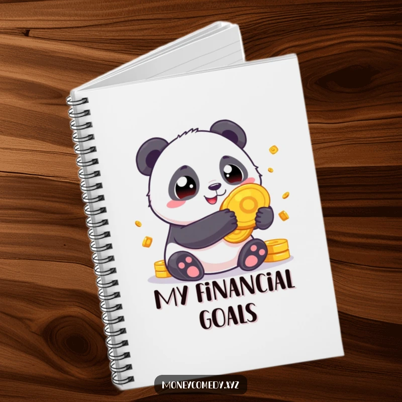 Funny Panda Fortune Notebook with a chubby panda holding giant gold coins, ideal for jotting down lucky ideas.