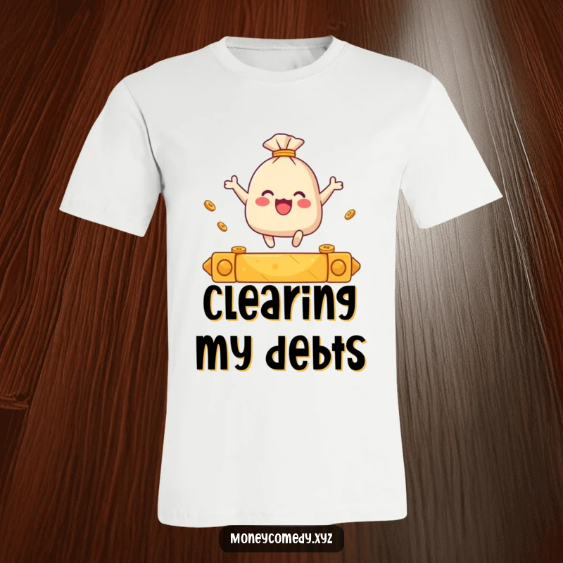 Funny t-shirt depicting a small sack of coins enthusiastically leaping over a golden bar.
