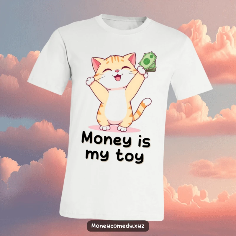 Funny Cat Money T-Shirt featuring a playful cat smiling while batting at dangling bills, a humorous take on wealth.
