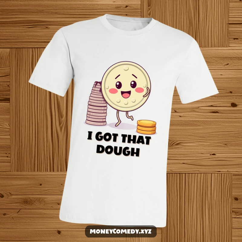 Funny t-shirt depicting a smiling coin with tiny legs performing a lively jig beside a pile of cash.