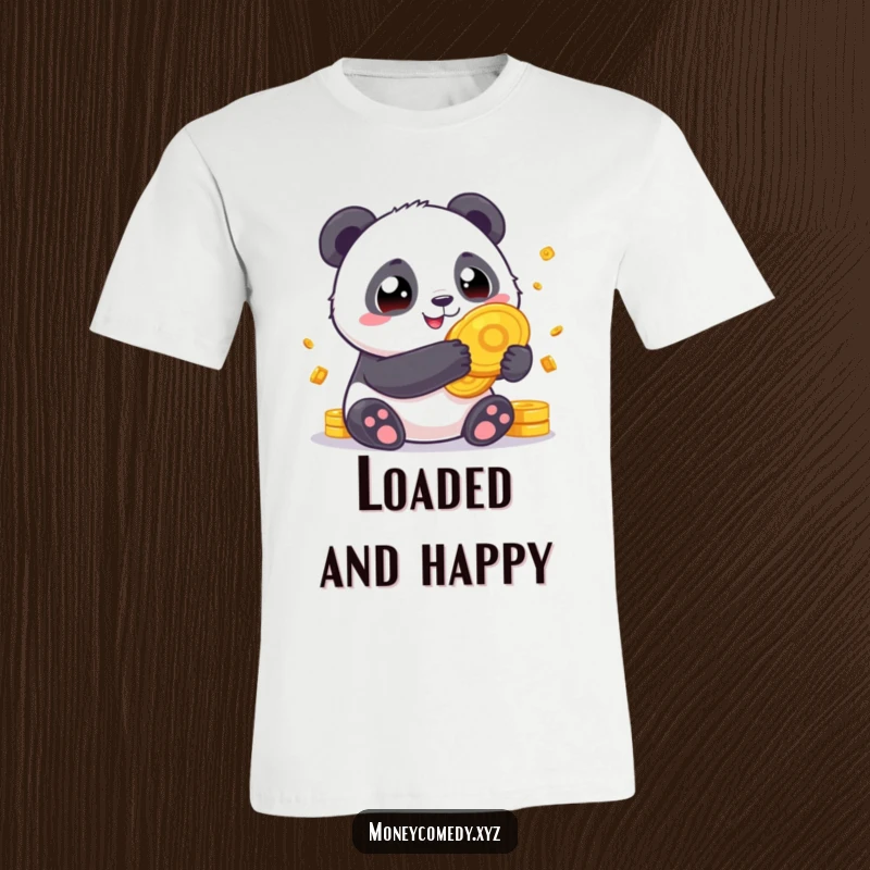 Funny Panda Fortune T-Shirt with a chubby panda holding giant gold coins, radiating happiness and good fortune.