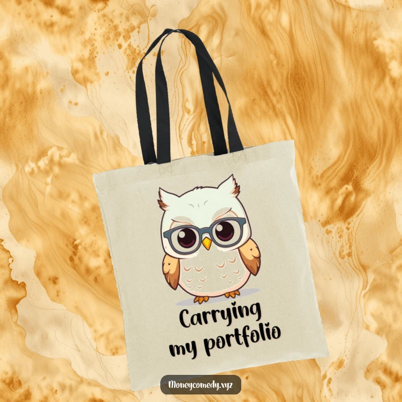 Funny Owl Investor Tote Bag showing a curious owl wearing spectacles watching a rising stock graph, a humorous finance accessory.