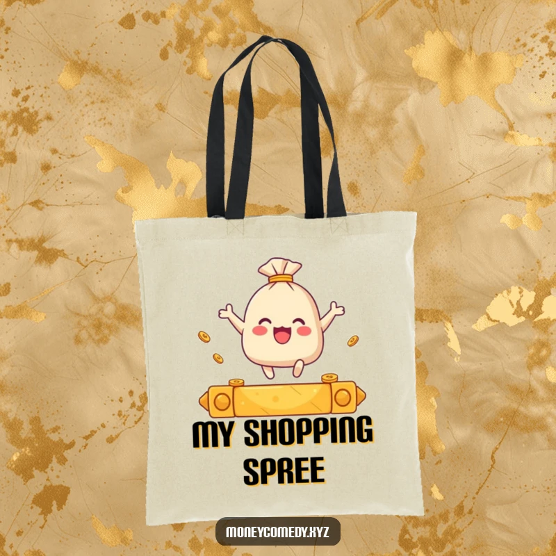 Funny tote bag with a small sack of coins leaping over a golden bar, great for celebrations.