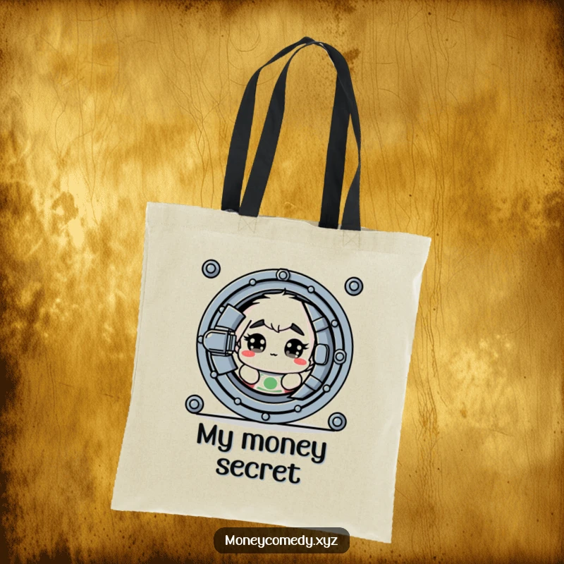 Funny tote bag with a shy dollar bill with wide eyes peeking from behind a vault door.